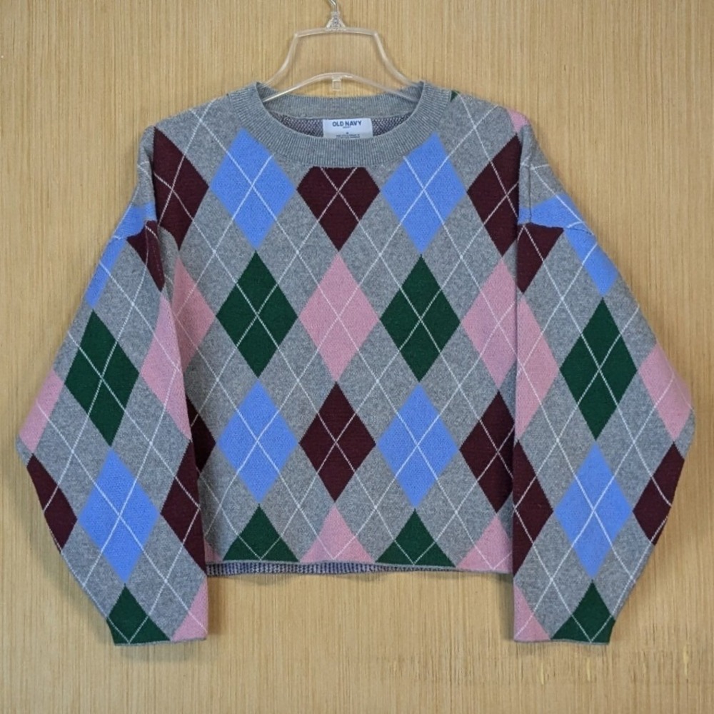 Old Navy SoSoft Preppy Argyle Colorful Retro Sweater Womens Medium Cropped